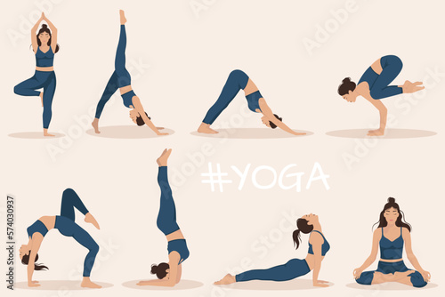 A set of  a young woman performing 8 physical exercises and demonstrating  yoga asanas  on light background. Flat vector illustration.