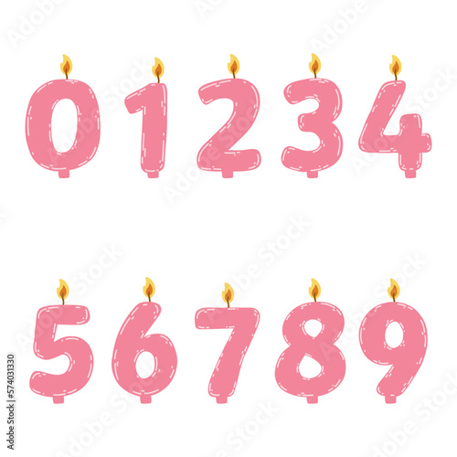 Hand drawn birthday candles numbers with burning flame. Vector illustration of design element for birthday cakes in flat style