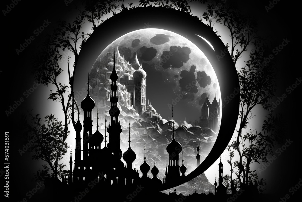 Dramatic islamic mosque background with black and white colour design illustration, Generative AI