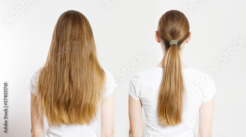 Closeup Ponytail, loose down Caucasian hair type back view isolated on white background. Straight long light brown healthy clean hairstyle. Shampoo concept. Different types of hairstyling. Copy space