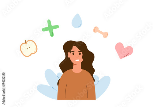 Healthcare concept. Happy healthy woman caring about heart wellness with sport, pharmacy, vitamins, vaccination, medical check. Sports woman. Vector illustration