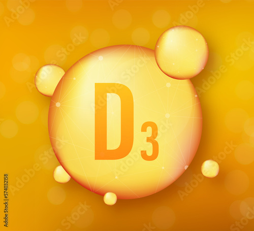 Vitamin D 3 gold shining icon. Ascorbic acid. Vector illustration