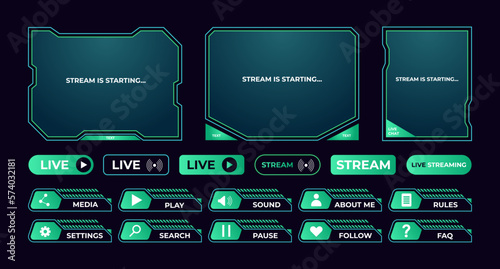 Streaming screen panel overlay design template neon theme. Vector border UI frame to game interface stream illustration