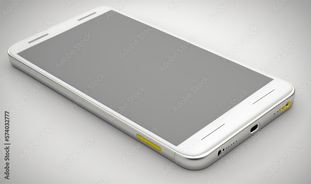 a white cell phone with a yellow button on the front of it's display screen and a gray back ground with a gray back ground. generative ai a white cell phone with a yellow button on the front of it's display screen and a gray back ground with a gray back ground. generative ai