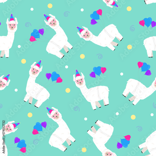 seamless pattern with balloons and alpaca with glasses