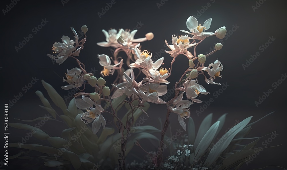 a bunch of flowers that are in a vase on a table with a black background in the background is a dark room with a black wall. generative ai a bunch of flowers that are in a vase on a table with a black background in the background is a dark room with a black wall. generative ai