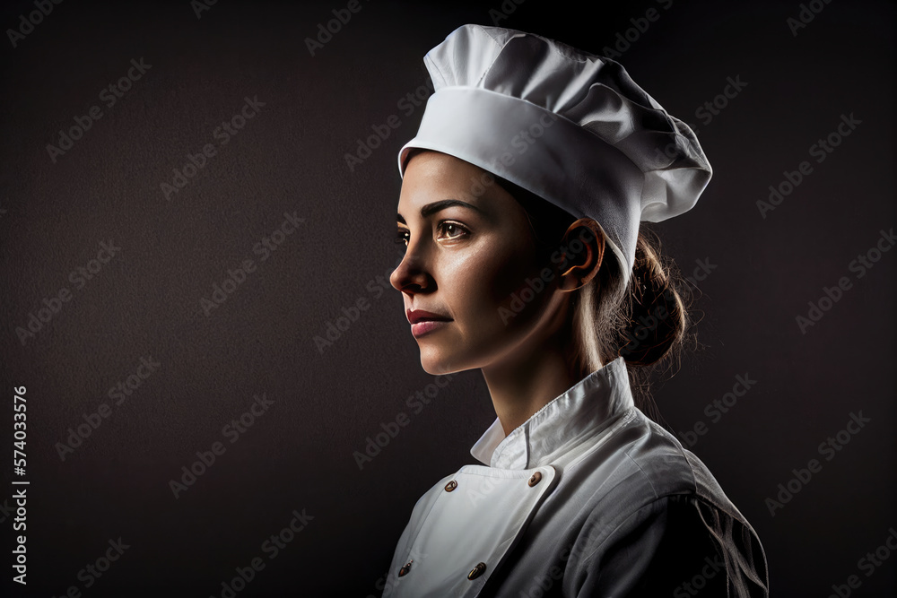 A female chef in a cap and white uniform on a dark background with copy space A female chef in a cap and white uniform on a dark background with copy space