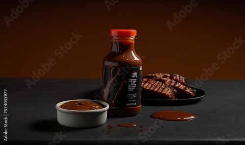  a bottle of sauce next to a plate of ribs and a bowl of sauce on a table with a plate of ribs and a cup of sauce. generative ai