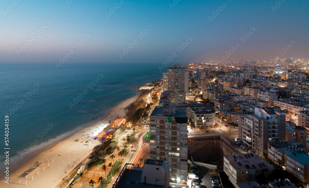 Bat Yam, Tel Aviv, Israel, night view of the city from a height, embankment of sea