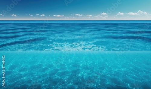  a view of the ocean from the bottom of the water, with a blue sky and white clouds above the water and below the water surface. generative ai