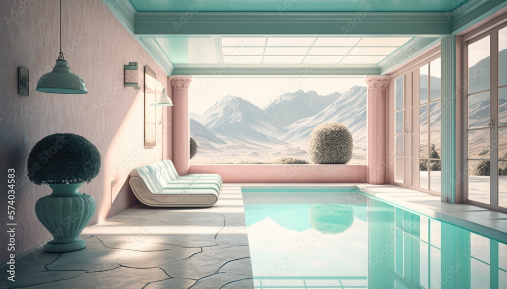 1970s Retro Luxury Pool Villa Interior with Modern Minimalist Style and ...