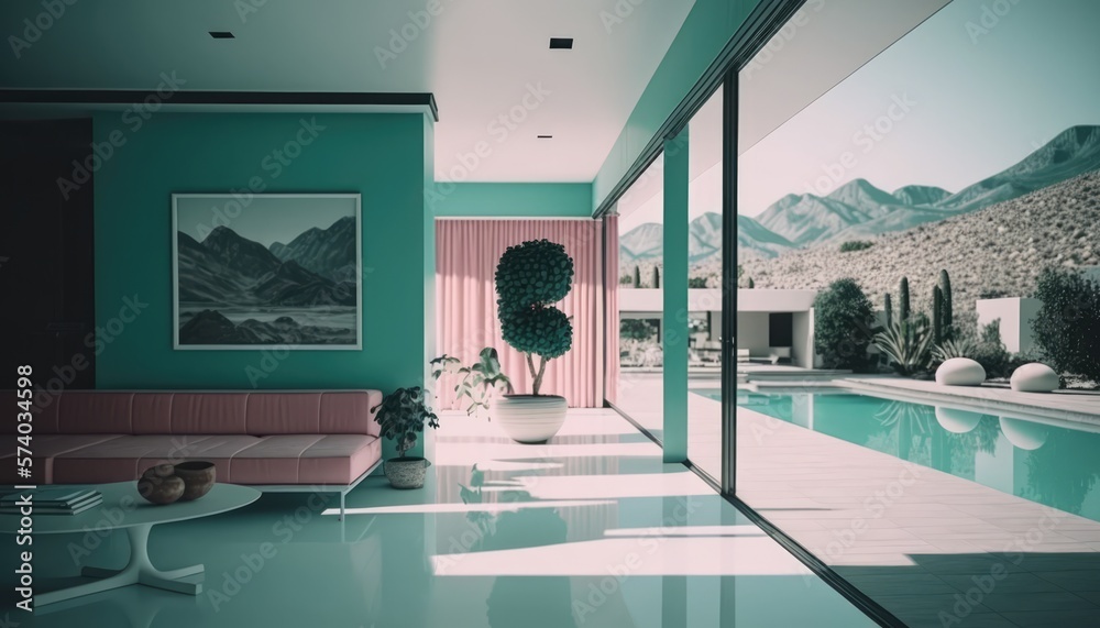1970s Retro Luxury Pool Villa Interior with Modern Minimalist Style and ...