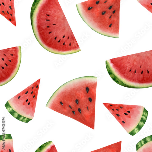 Fototapeta Naklejka Na Ścianę i Meble -  Lovely seamless pattern with whole and sliced piece of water-melon painted with watercolor isolated on white background.	