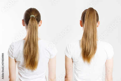 Closeup woman different ponytails back view isolated white background. Hair Natural blonde straight long Hairstyle. Easy quick simple making styling ponytail. Hair-extensions for beautiful pony tail