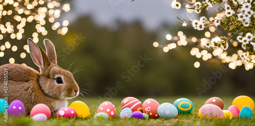 Happy Easter. Cute Easter bunny with huge eggs in the grass