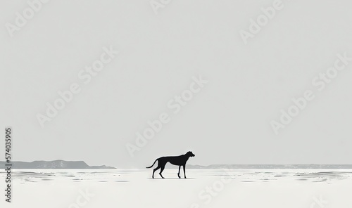  a dog standing in the snow looking out to the ocean on a cloudy day with mountains in the distance in the distance in the distance is a gray sky.  generative ai © Shanti