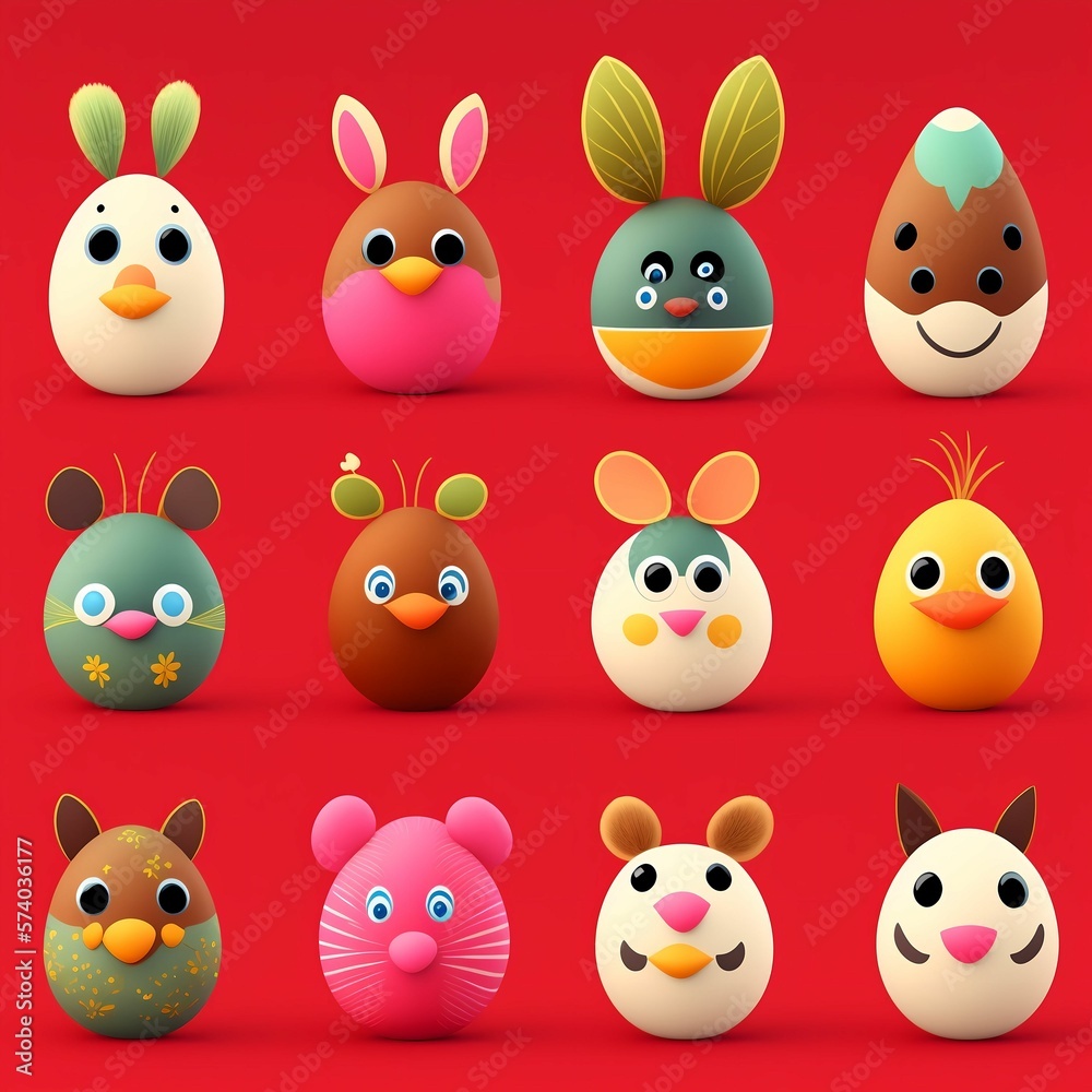 Obraz premium Delightful Egg-shaped Critters on Red: A Versatile and Charming Addition to Your Design Arsenal - AI Generated