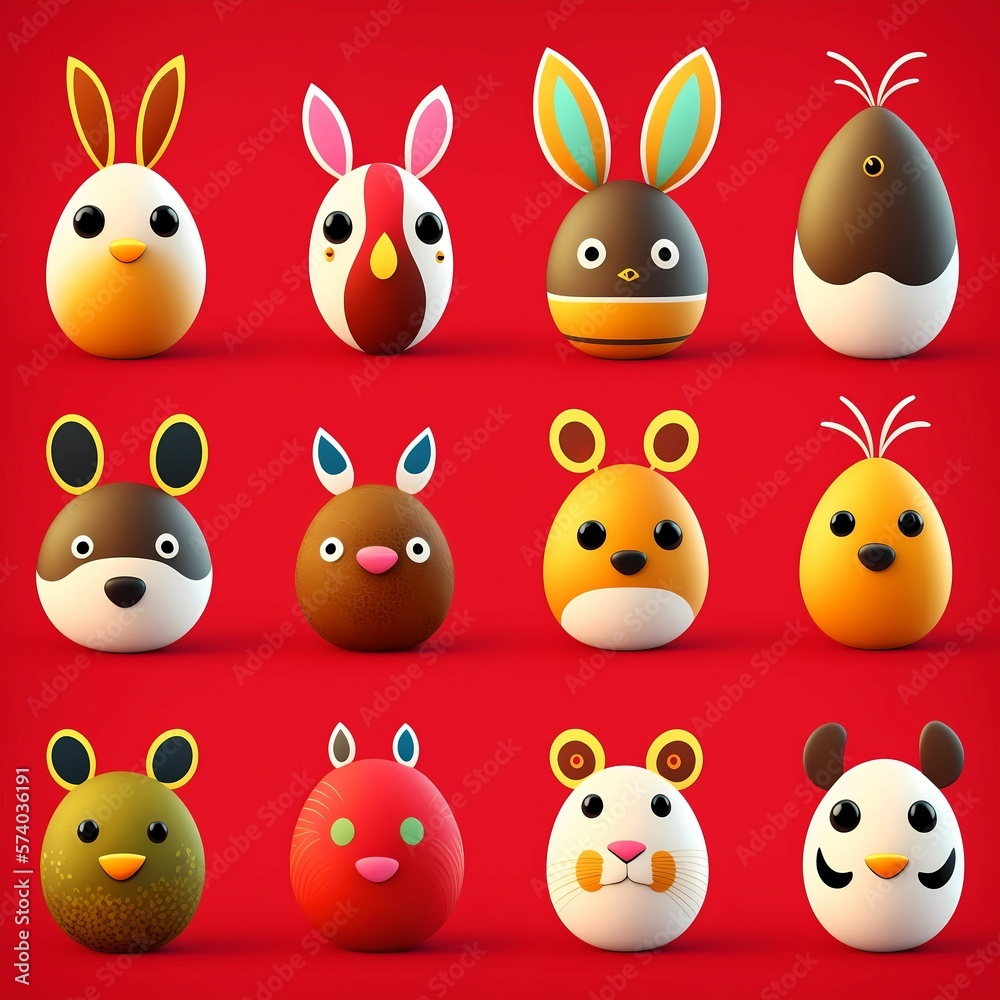 Obraz premium Adorable Egg-Shaped Animals on Red Background: A Fun and Whimsical Collection for Your Design Needs - AI Generated