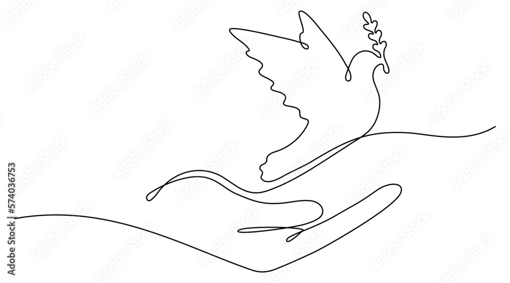 Continuous line drawing hand with flying dove with olive branch. Freedom linear bird symbol. Vector illustration isolated on white. Continuous line drawing hand with flying dove with olive branch. Freedom linear bird symbol. Vector illustration isolated on white.