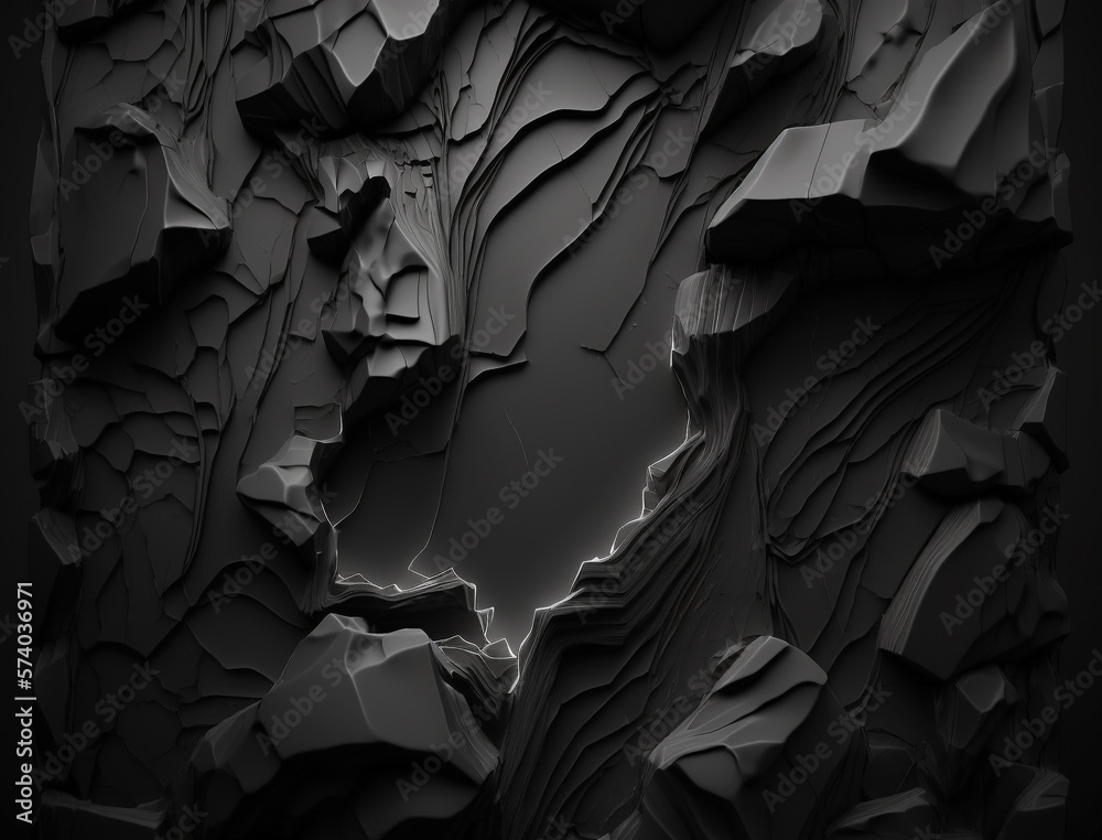Abstract Black Crumbled Rock Background with dramatic lighting. For