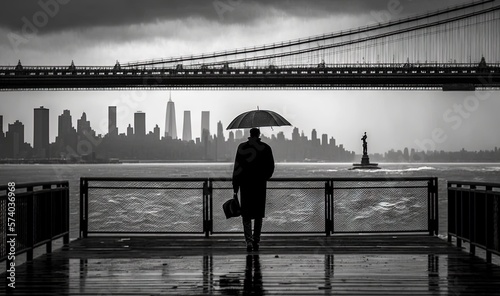  a man holding an umbrella while standing on a pier next to a body of water with a city skyline in the background in black and white. generative ai
