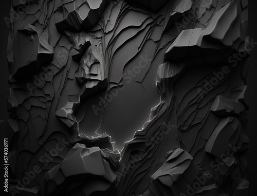 Abstract Black Crumbled Rock Background with dramatic lighting. For product placement or various design backgrounds.