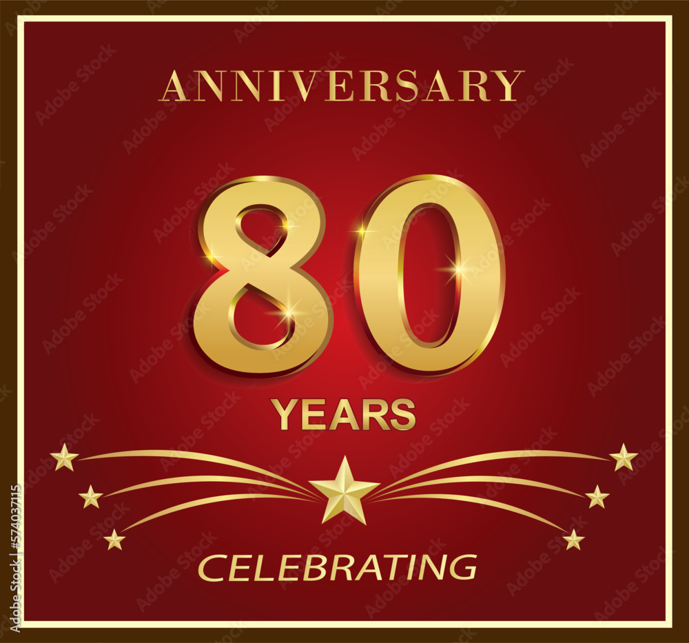 80th anniversary logo template. Golden number 80 years with stars on a red background in the frame. Vector holiday design for greeting card, leaflet, cover, poster, web, birthday.
