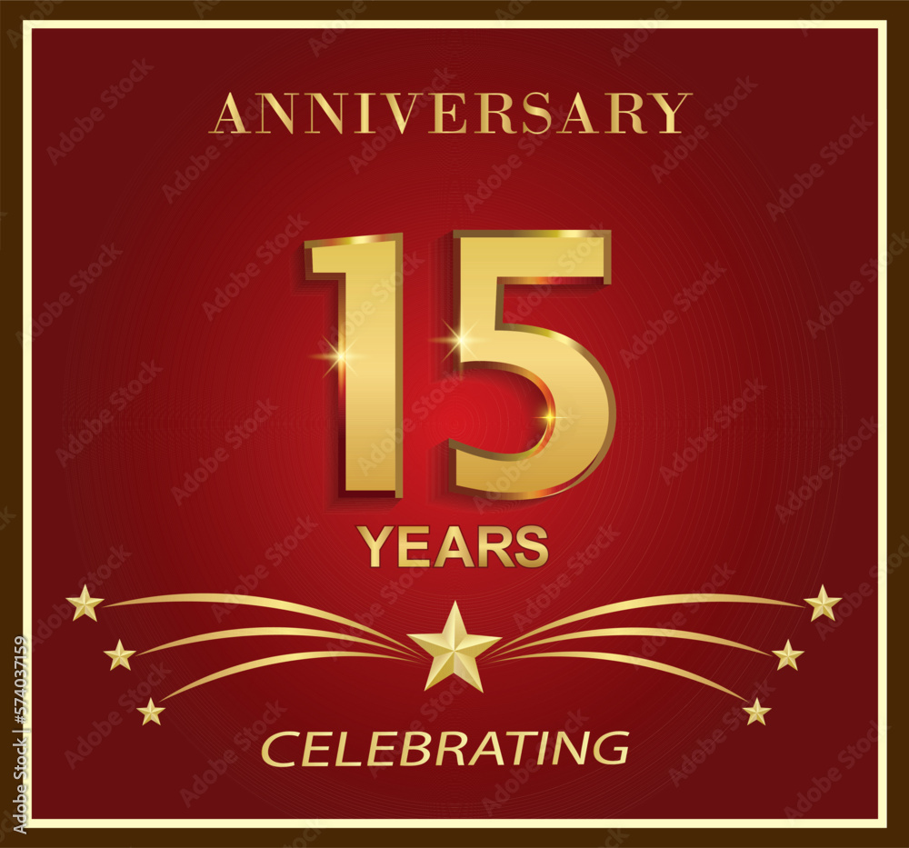 15th anniversary logo template. Golden number 15 years with stars on a red background in the frame. Vector holiday design for greeting card, leaflet, cover, poster, web, birthday.
