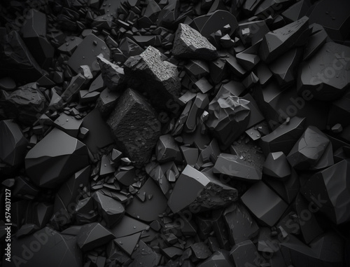 Edgy Elegance, Abstract Black Crumbled Rock Background with dramatic lighting. High quality render.