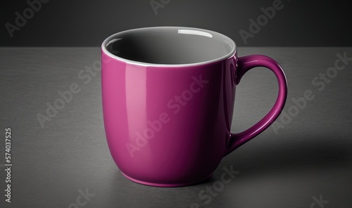  a pink coffee cup sitting on top of a table next to a black wall and a black floor with a white line on the bottom of the cup. generative ai