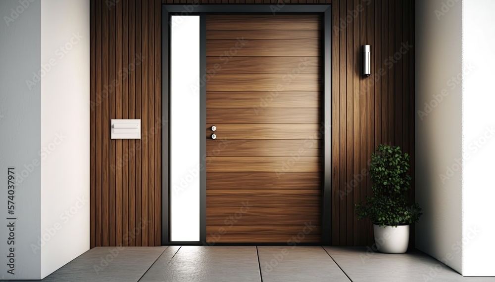 Modern entrance, simple wooden front door  - obrazy, fototapety, plakaty 