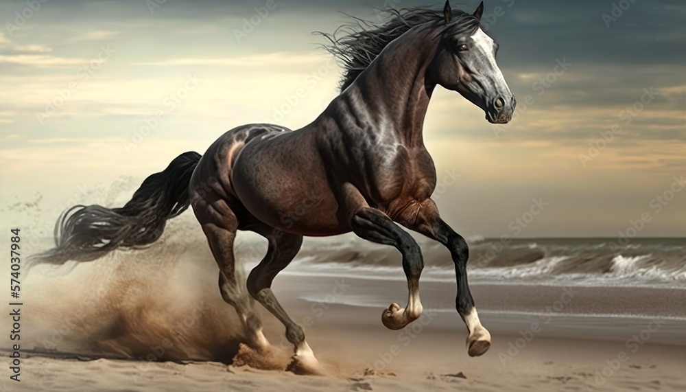 beautiful image of a huge brown horse running on the beach in the sand