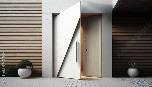 Modern entrance, simple wooden front door  photo