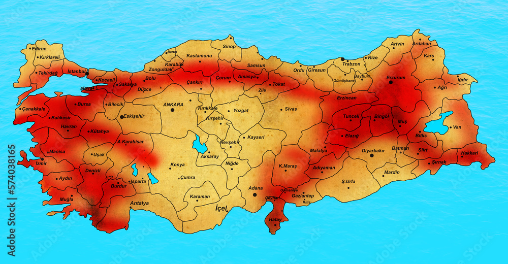 Turkey earthquake map. Earthquake fault line map. Stock Illustration