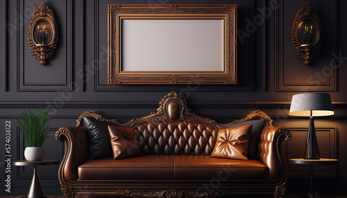 A luxurious living room with beautiful upscale leather furniture and a square blank frame mockup, rendered in photorealistic detail for an ultra-realistic perfection