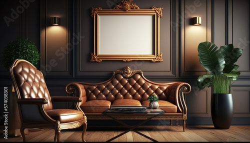 A luxurious living room with beautiful upscale leather furniture and a square blank frame mockup, rendered in photorealistic detail for an ultra-realistic perfection © Kaare