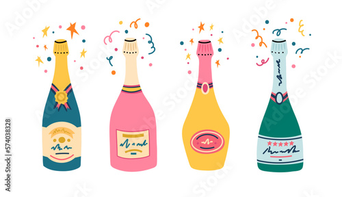 Vector illustration. Champagne bottles of different form and color. Rose and white sparkling wine with colorful designs with stars and confetti around top for celebration. Isolated