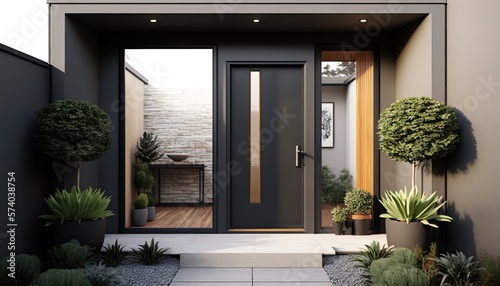 Modern entrance, black simple door for a luxury house photo