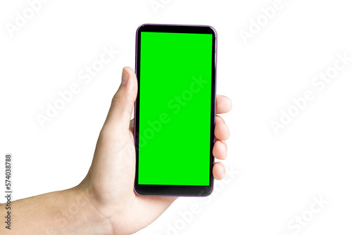 Obraz na plátně Hand holding smartphone with green screen