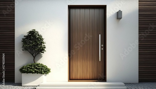 Leinwand Poster Modern entrance, simple wooden front door for a luxury house