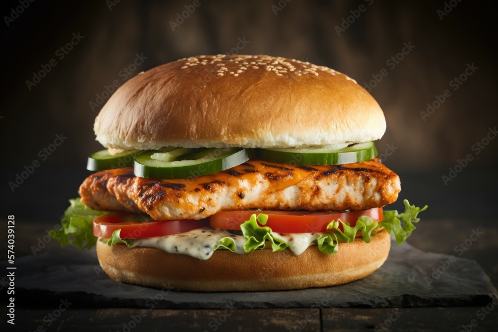 Chicken burger created with generative AI technology Stock