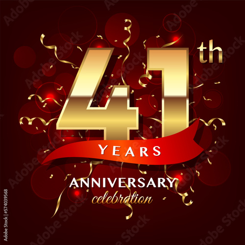 41th Anniversary logo design with golden number and red ribbon for anniversary celebration event, invitation, wedding, greeting card, banner, poster, flyer, brochure, book cover. Logo Vector Template