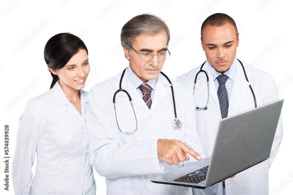 Confident Medical team using laptop isolated on white