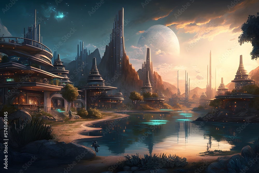 Naklejka premium Afternoon panorama of a future city of our planet, illustration, picture - AI Generated