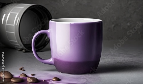  a purple coffee cup sitting on top of a table next to a can of coffee and a pile of nuts on the floor next to it. generative ai