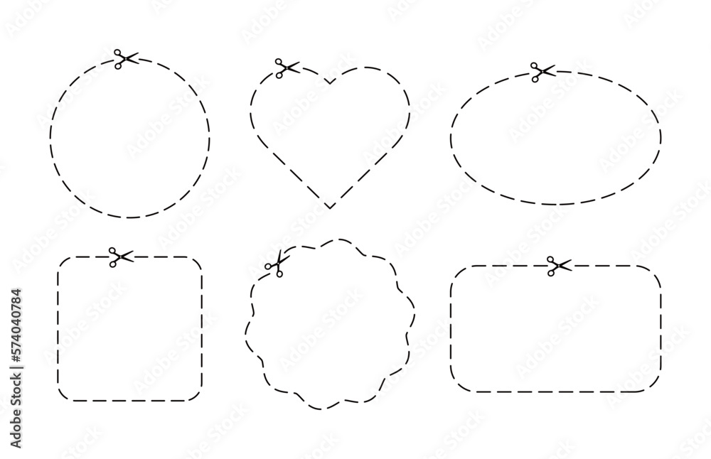 Dash marks in six different shapes on coupon. Scissor with dot cut line. Trim ribbon with scissor on white voucher background. Black shear crop border. Paper icon with dotted snip. Vector illustration
