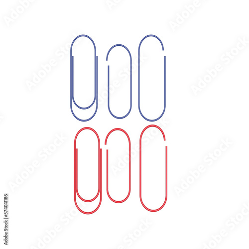 red and blue brackets to hold paper, paper clips isolated on white background. office supply used to bind sheets together