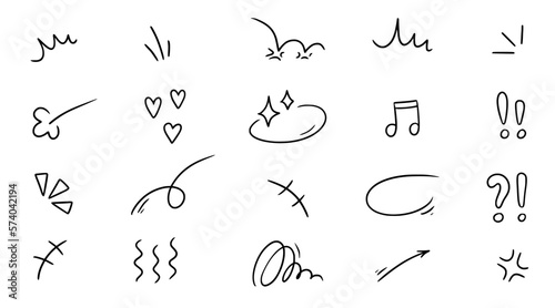 Line movement element, emotion effect decoration icon. Hand drawn doodle line element arrow, emphasis, wind, sparkle. Anime emotion, express shape. Vector illustration.