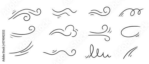 Wind doodle line shape set. Air wind flow, spiral, curve hand drawn doodle element. Cartoon speed, wave, splash drawing design. Vector illustration.