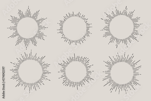 Sunburst ray vintage frame element set. Star burst ray hand drawn shine, hipster badge, logotype circle decoration frame. Vector illustration.